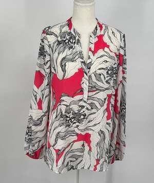 Alfani Womens 10 Floral Tunic Blouse Pink Black White Long Sleeve V Neck